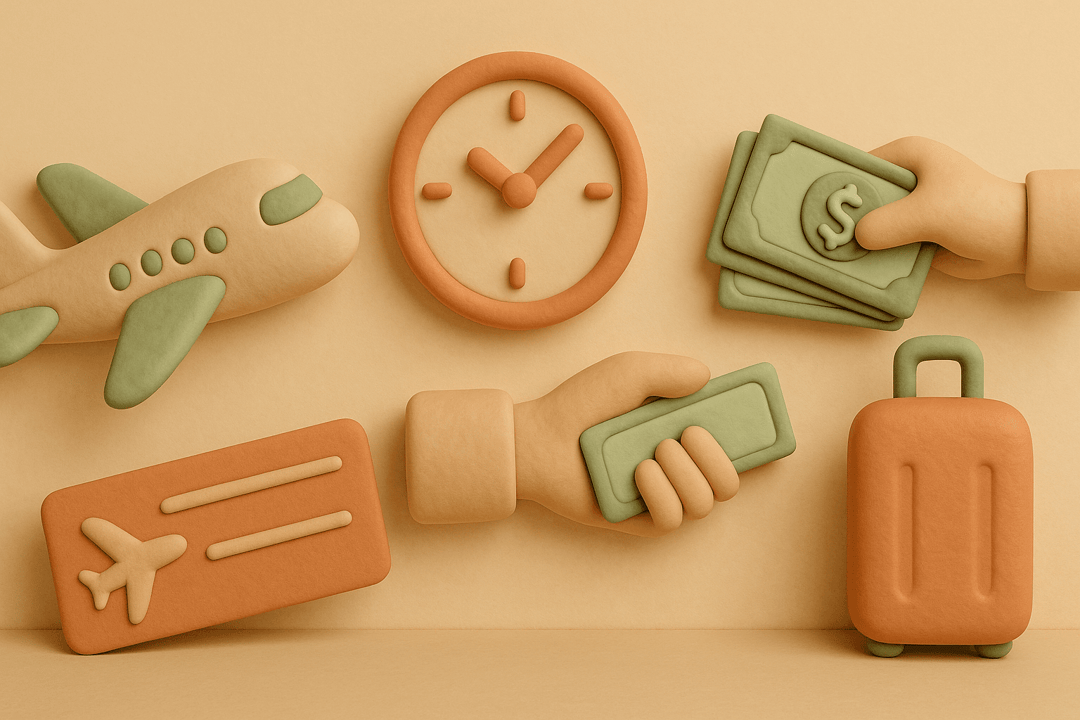 Clay airplane with clock and money being handed over