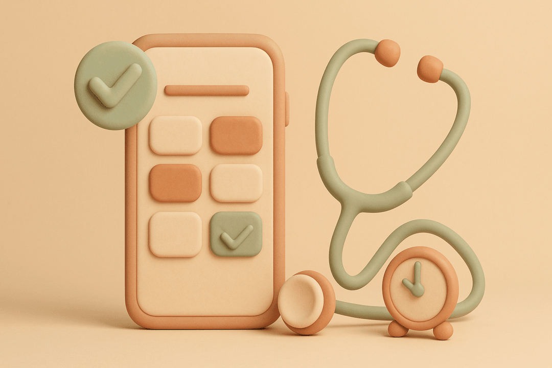 Clay smartphone with calendar app, stethoscope, clock, and checkmark badge in soft beige tones