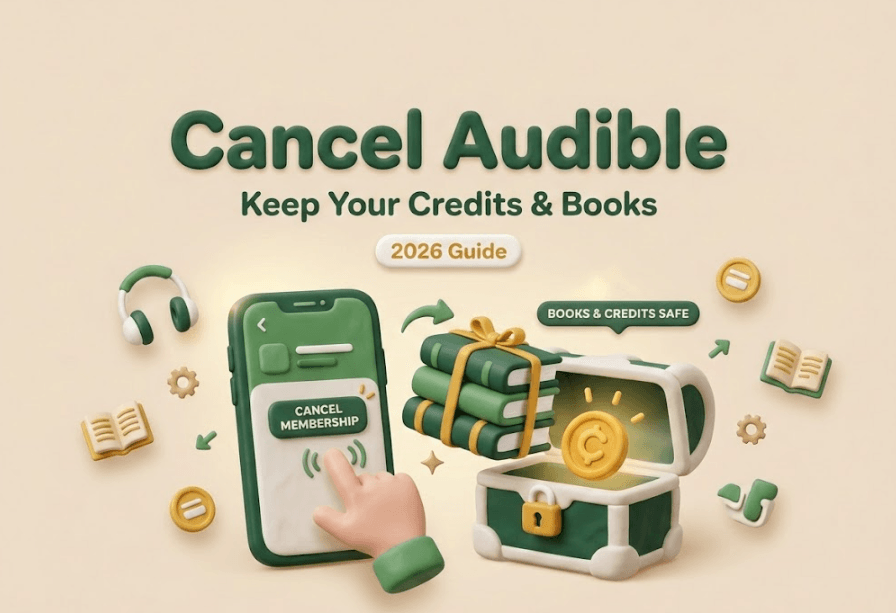 A 3D illustration guide showing how to cancel audible subscription while keeping your accumulated books and credits safe.