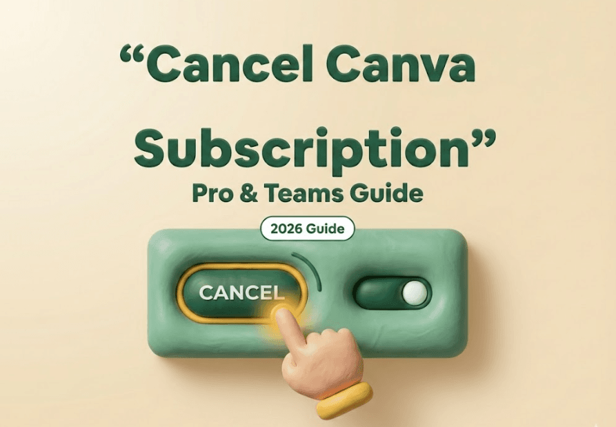 Step-by-step 2026 guide showing how to cancel Canva subscription with large green CANCEL button and pointing finger for Pro and Teams plans