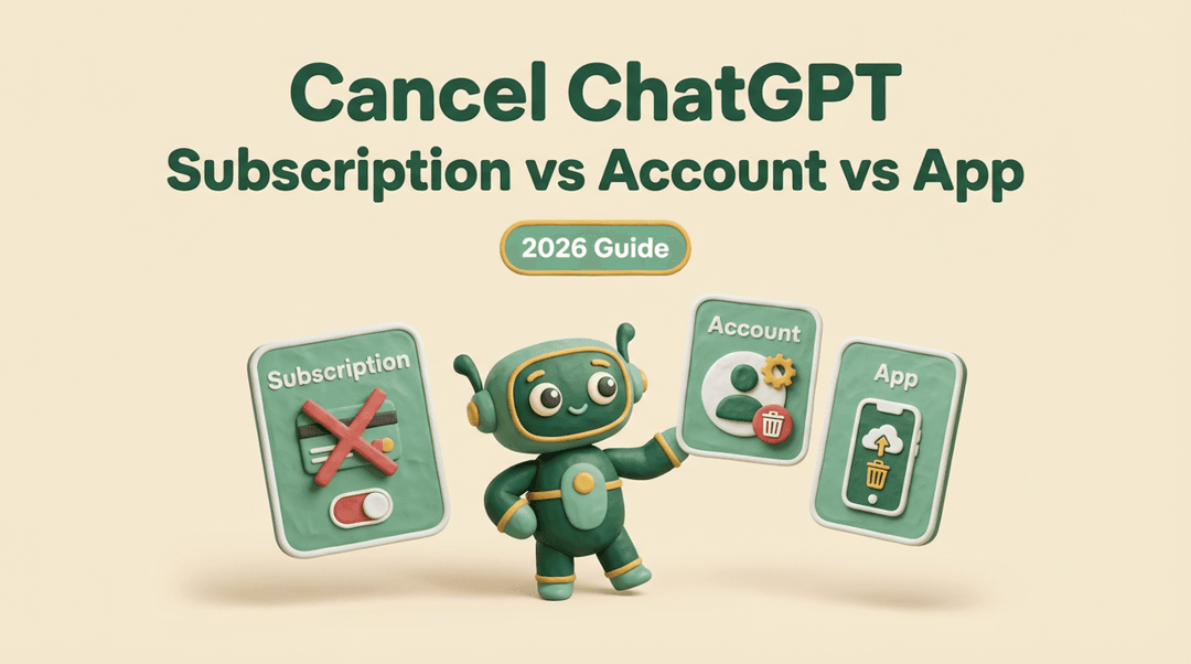 Adorable green robot holding crossed-out ChatGPT subscription card, Account, and App icons to explain how to cancel ChatGPT Plus in 2026 guide