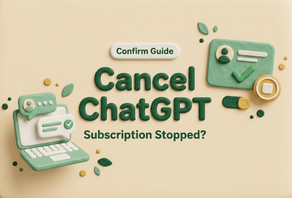 3D illustration guide showing how to cancel ChatGPT subscription with confirmation checkmarks, laptop and chat icons on green background