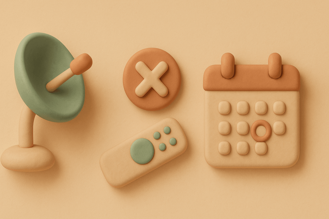 Clay illustration of satellite dish, TV remote, and cancellation badge