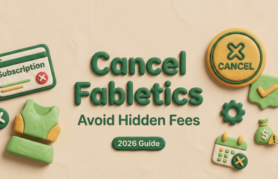 Step-by-step 2026 guide showing how to cancel Fabletics membership easily and avoid hidden fees with cancel icons and subscription prompts