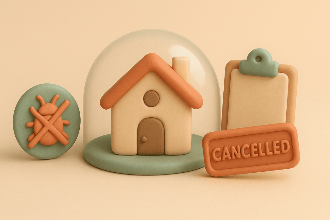 Clay illustration of house with protective bubble, bug icon, clipboard