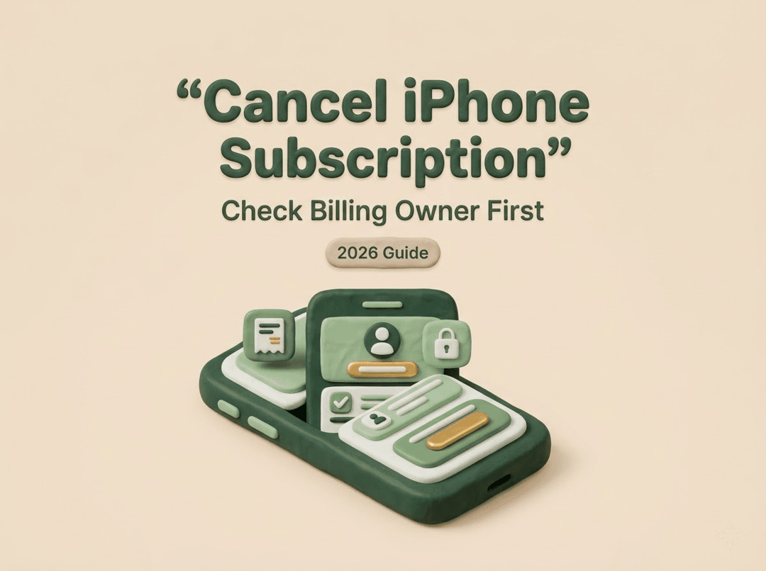 A 3D guide showing how to cancel subscription on iphone by checking the billing owner first.