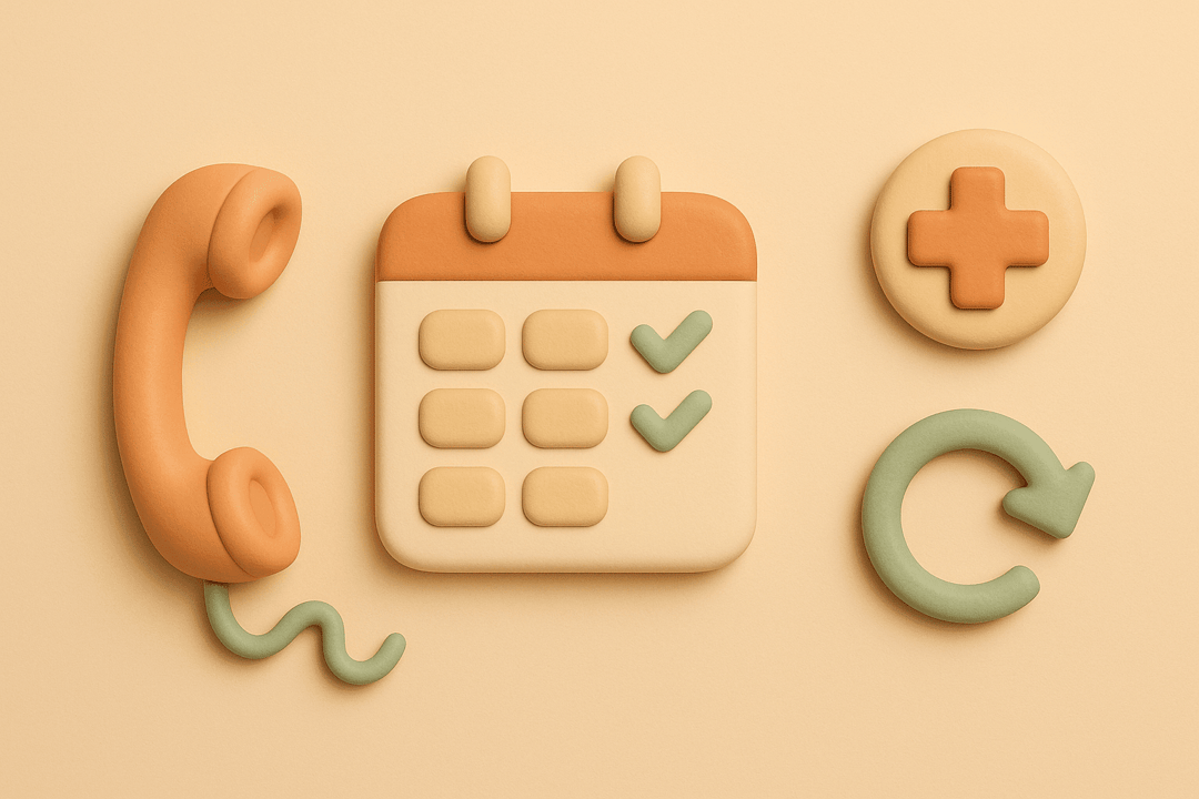 Clay illustration of a phone with disconnected cord, calendar, medical cross, and retry arrow