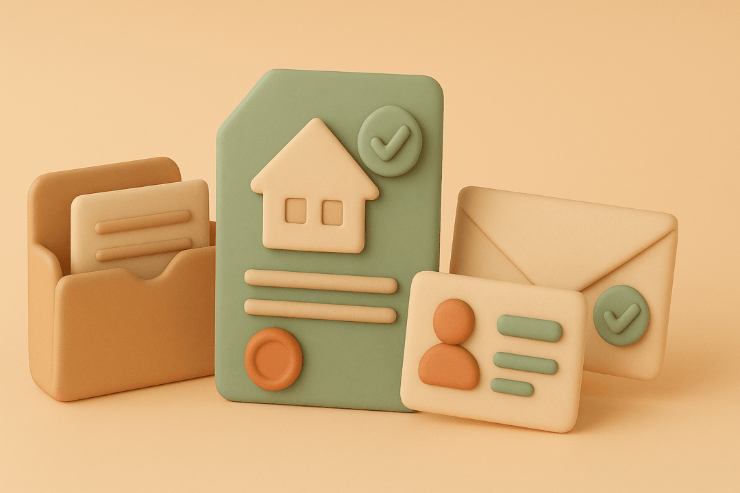 Clay illustration of a folder with documents, property deed with stamp, ID card, and utility bill envelope