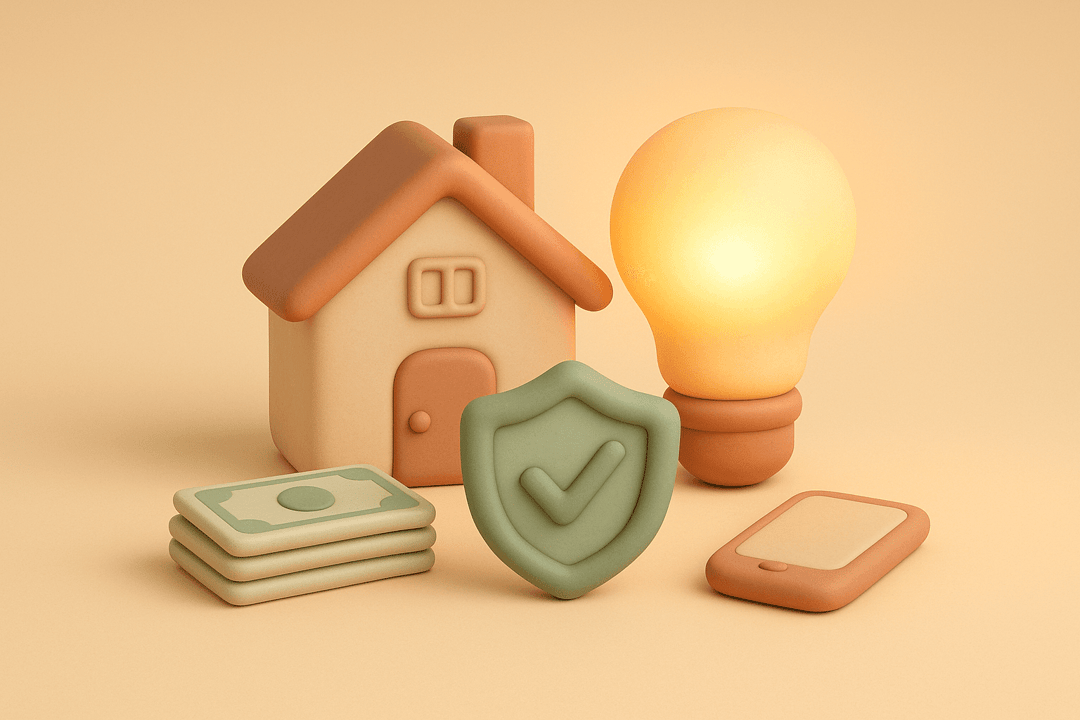 Soft clay illustration of a house, glowing light bulb, shield with checkmark, bills, and phone representing utility dispute resolution