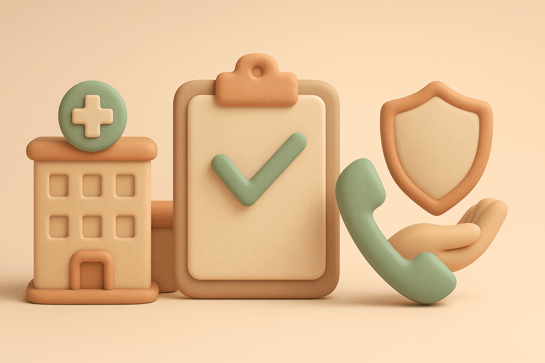 Clay care facility building, clipboard, phone handset, and protective shield on beige background