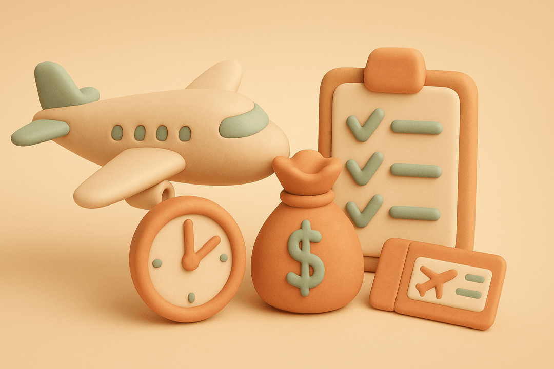 Clay style illustration of airplane with delay clock and compensation money bag