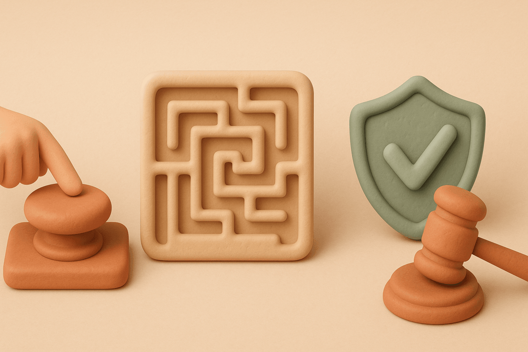 Clay style illustration of cancel button maze with consumer shield