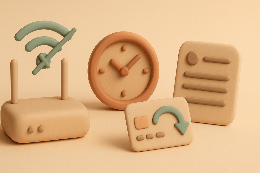 Clay illustration of Wi-Fi router, clock, credit card refund, and complaint form