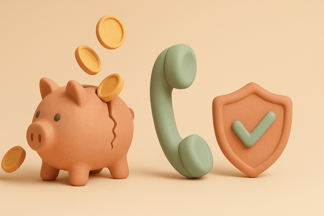 Clay-style illustration of piggy bank, falling coins, phone receiver, and shield with checkmark