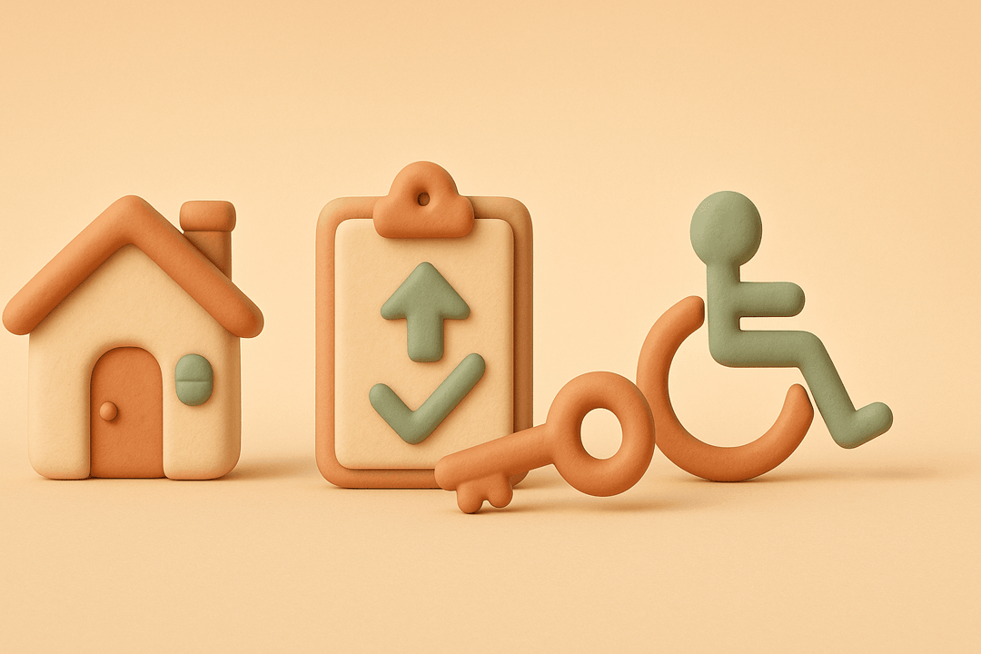 Clay house, clipboard with priority arrow, key, and accessibility symbol on beige background
