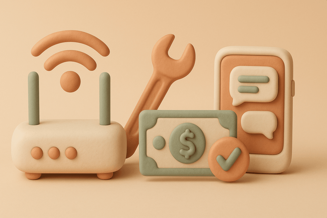 Clay illustration of a WiFi router, wrench, dollar bill with checkmark, and phone showing support chat
