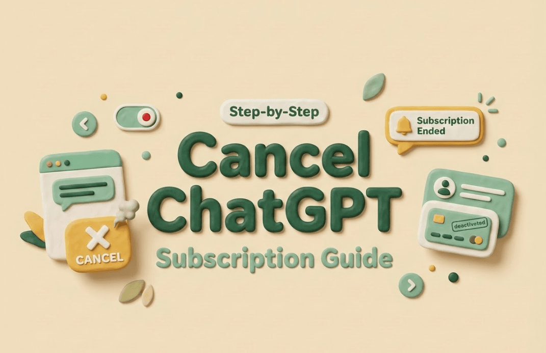 Step-by-step guide illustration showing how to cancel ChatGPT subscription with cancel button, confirmation popup, and end date notification for easy cancellation process