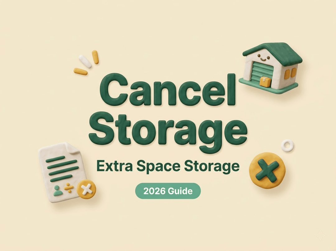 A 3D illustration title card for a 2026 guide on how to cancel extra space storage with a unit and document icons.
