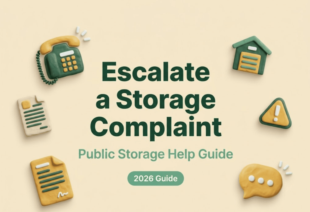 A 2026 help guide graphic showing how to escalate public storage corporate office complaints with 3D icons.
