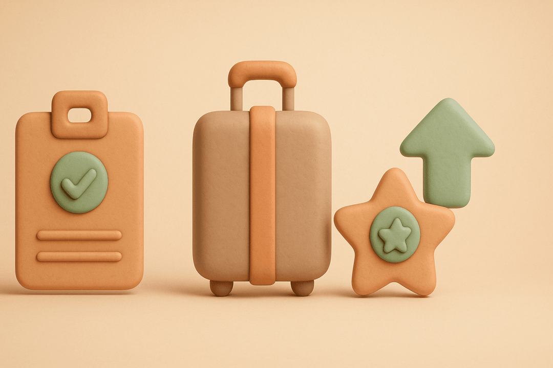 Clay style illustration of hotel key card, suitcase, upward arrow, and star badge
