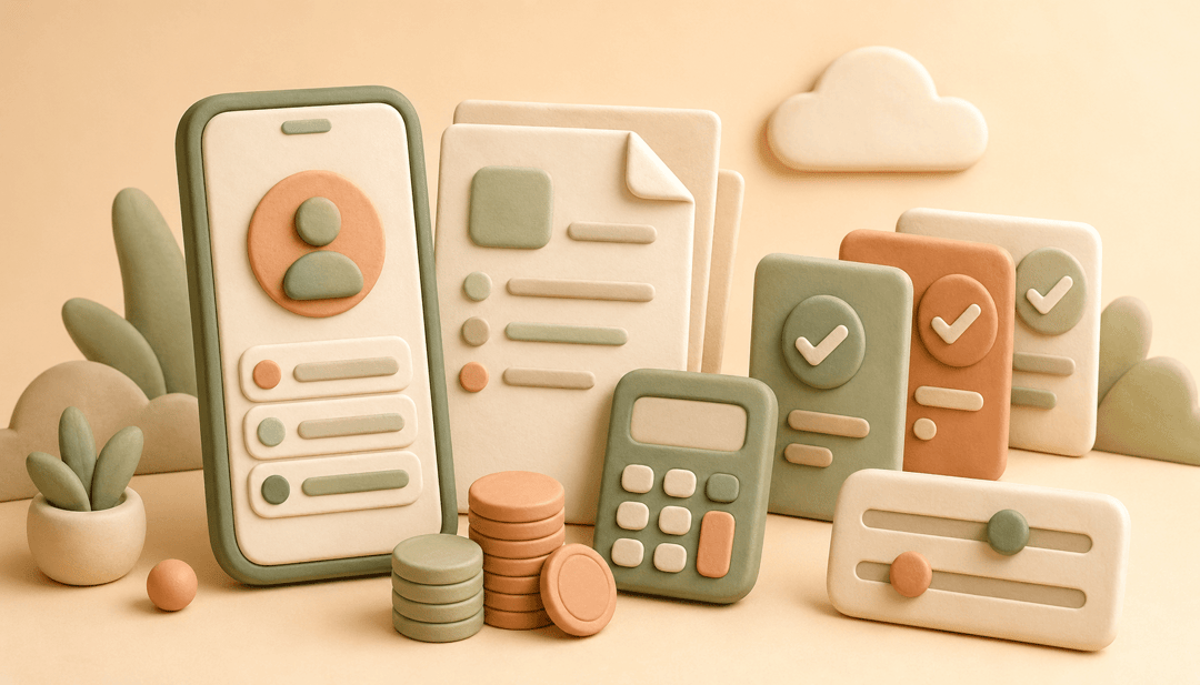 Soft clay illustration of a phone, blank bills, calculator, coins, plan cards, and checkmarks representing mobile bill savings