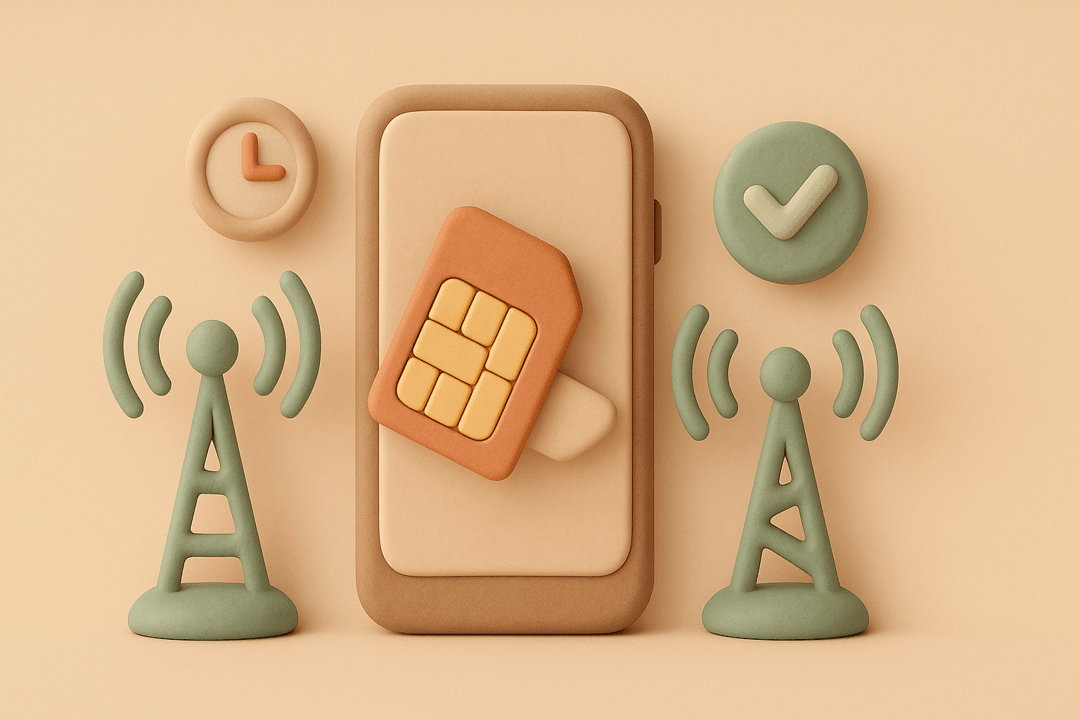 Clay style illustration of smartphone with SIM card transferring between signal towers