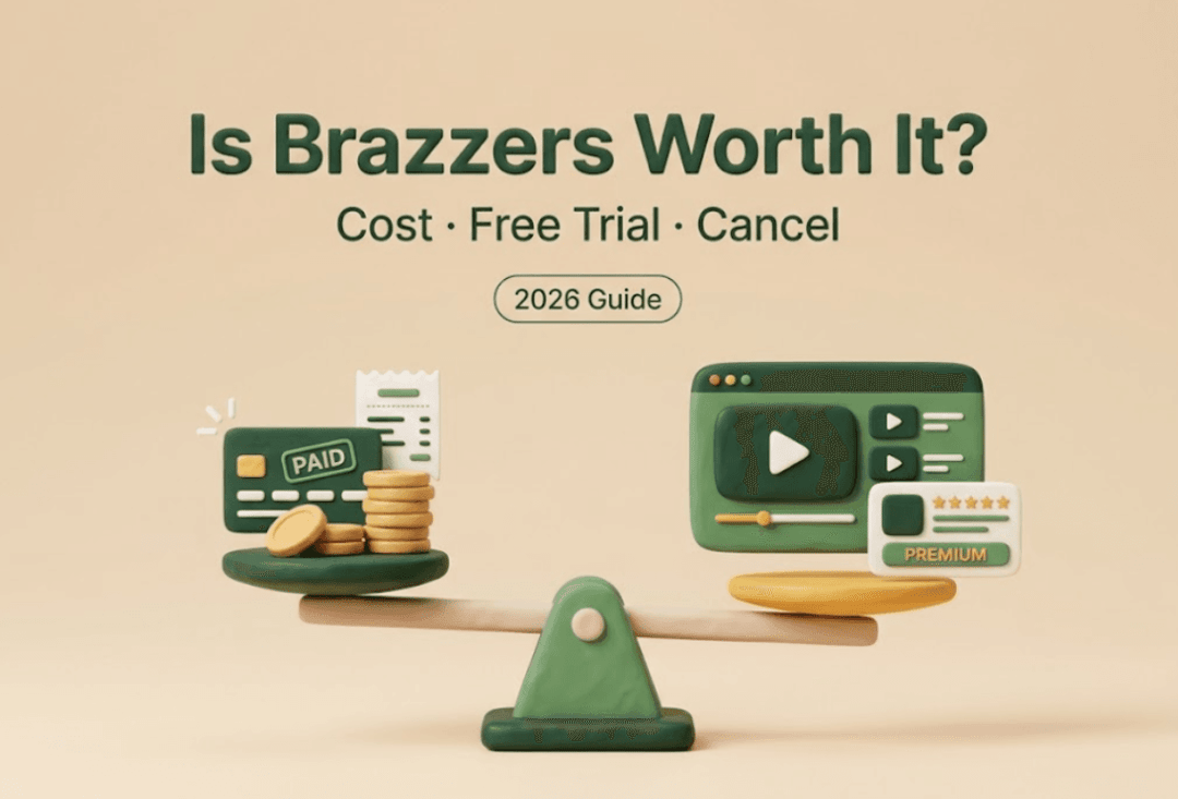 A 3D claymation scale balancing 'Cost' (credit card, coins) and 'Premium Content' (video player, stars). Visually answers 'is brazzers worth it' with 2026 guide text.
