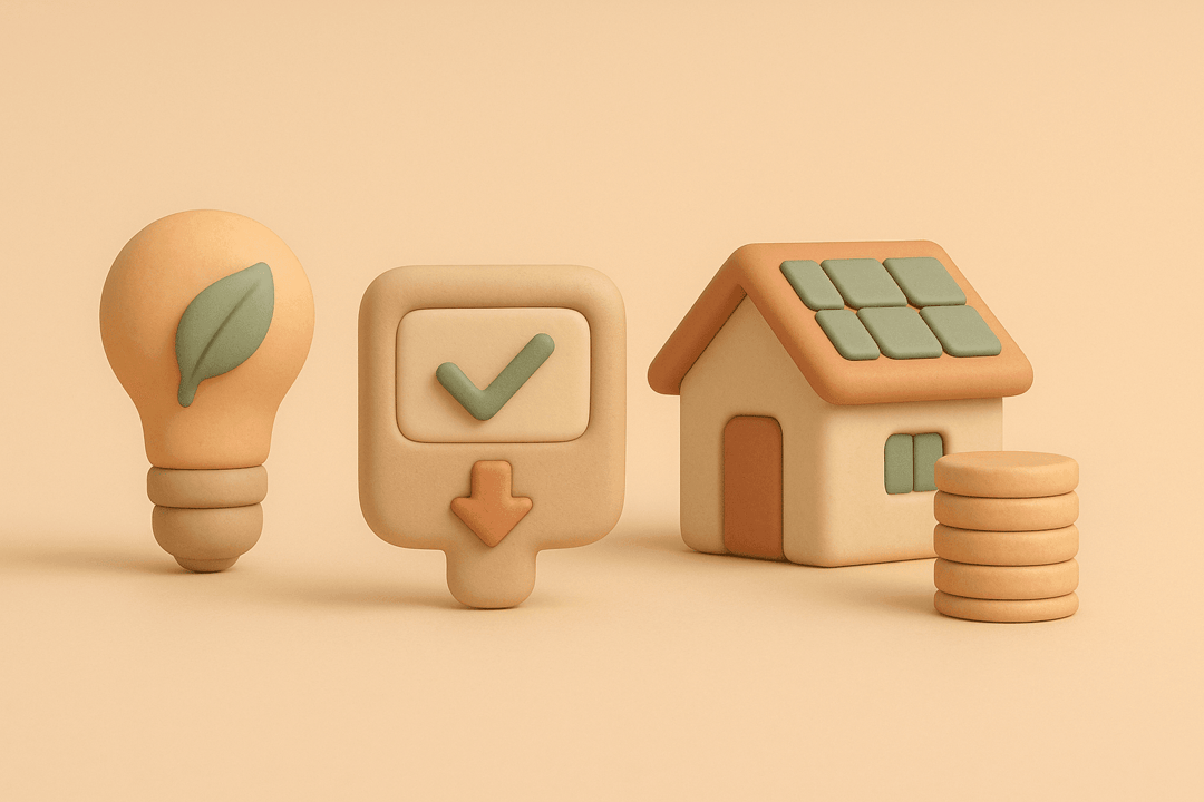 Clay light bulb with leaf accent and power meter with downward arrow