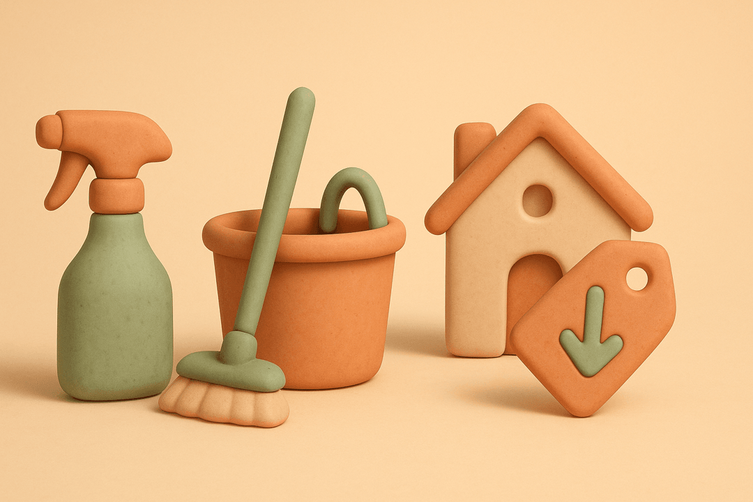 Clay illustration of spray bottle, mop bucket, house, and price tag