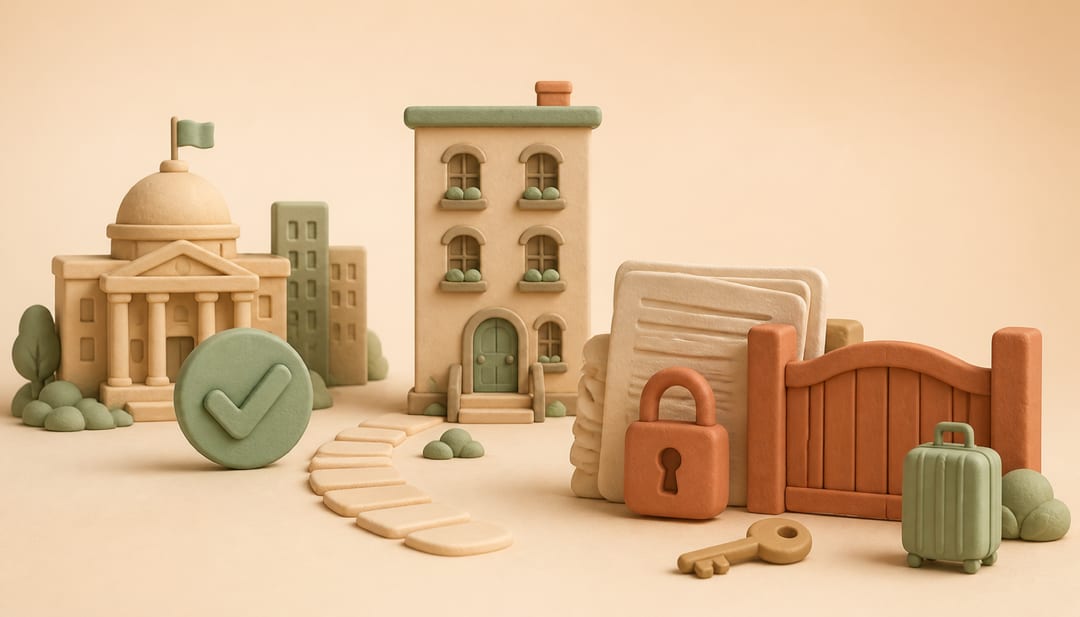Clay illustration of a city permit approval facing a locked lease barrier outside an apartment