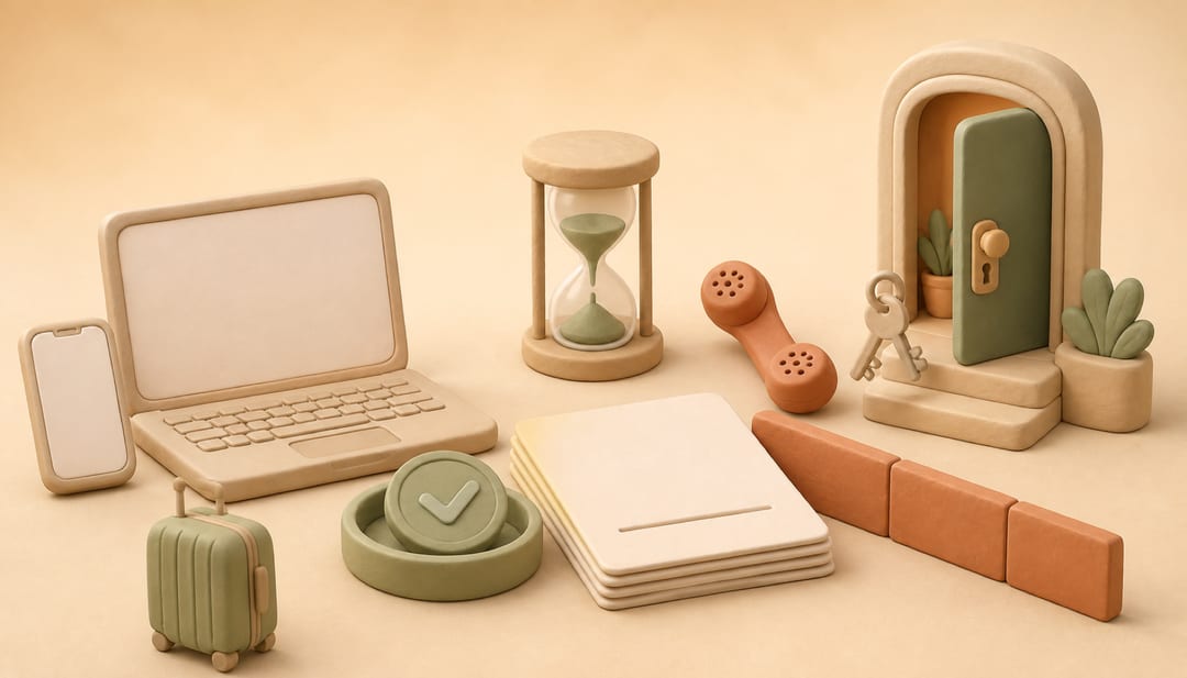 Clay illustration of a remote rental applicant waiting for a lease and apartment keys after paying a holding deposit
