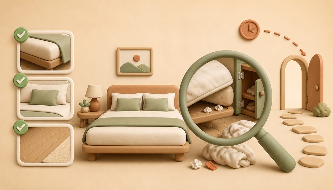 Clay illustration contrasting tightly cropped clean checkout photos with a magnifying-glass inspection that reveals hidden rental damage