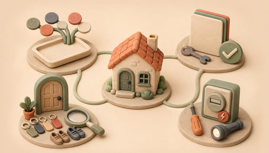 Soft clay illustration of a rental home connected to payment, lease, occupant verification, and utility safety records