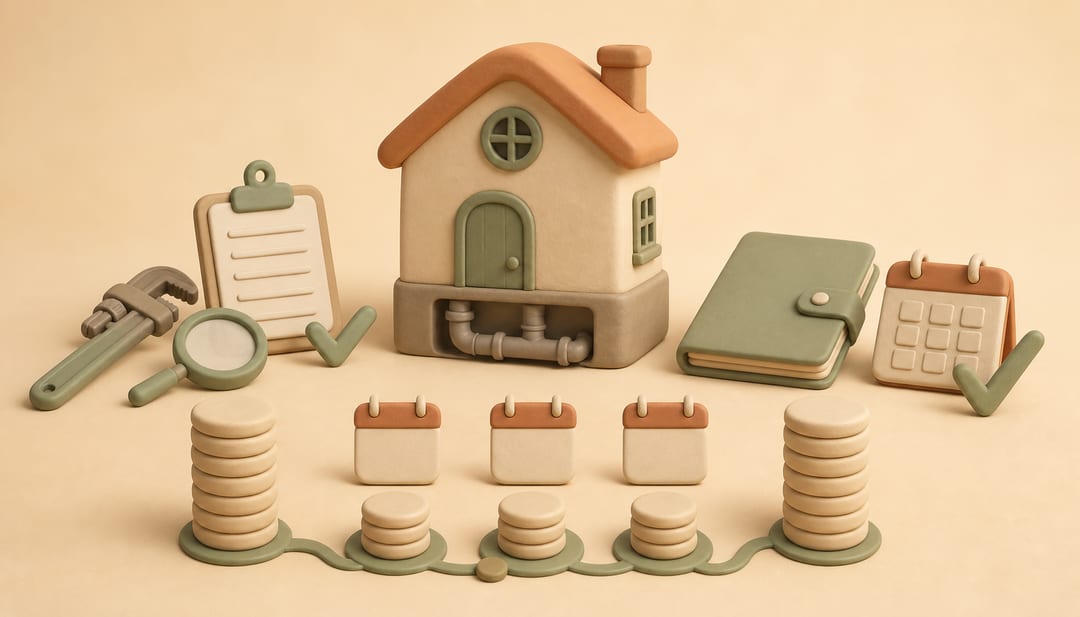 Soft clay illustration of a rental home, repair records, calendars, and rent token stacks showing a temporary reduction and documented restoration