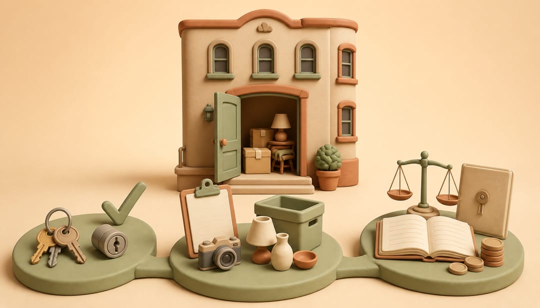 Soft clay illustration of an open rental townhouse connected to returned keys, a belongings inventory, and an unpaid-rent ledger
