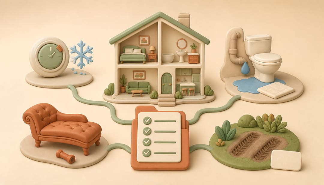 Soft clay illustration of a rental home connected to cold-weather, water mitigation, broken furniture and HOA landscape evidence files