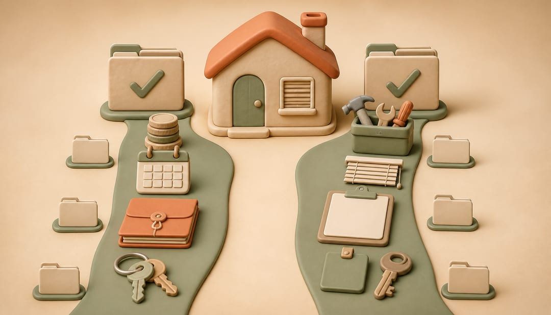 Soft clay illustration of a rental home with separate rent-and-possession and repair-and-access evidence paths