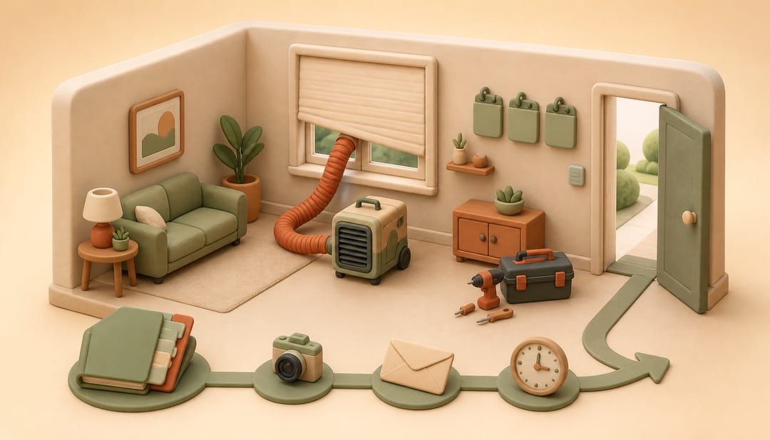 Soft clay illustration of an apartment renovation machine blocking a window beside a documented tenant evidence path and an open exit door