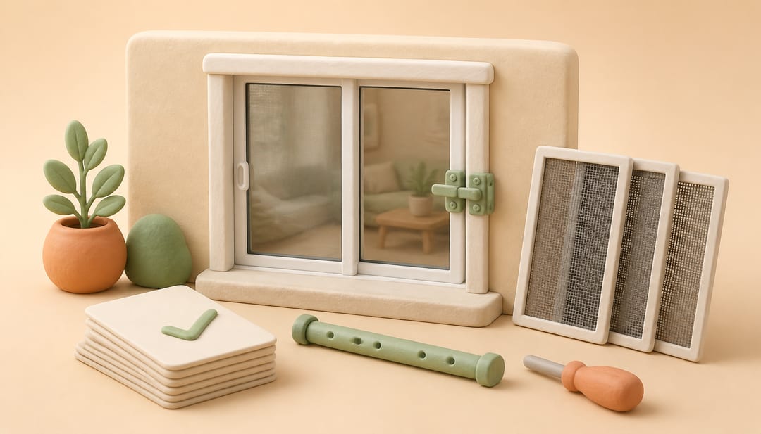 Soft clay illustration of a sliding glass door with an installed latch, separate security bar, replacement screen frames and organized evidence cards