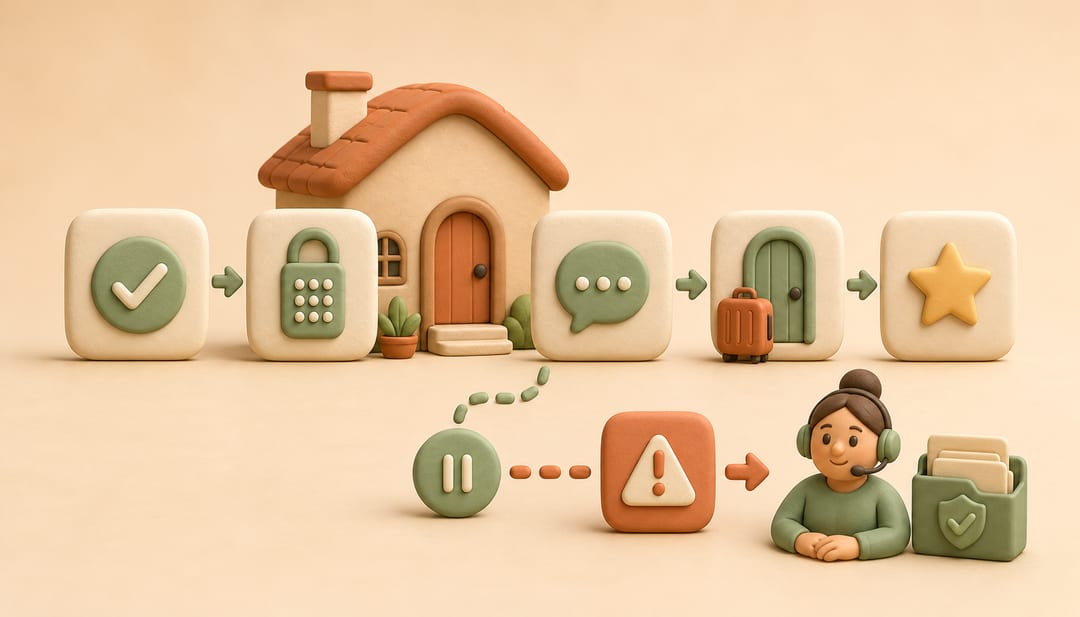 Soft clay illustration of five scheduled guest messages moving from a rental home through booking, access, check-in, checkout and review, with a branch to human assistance