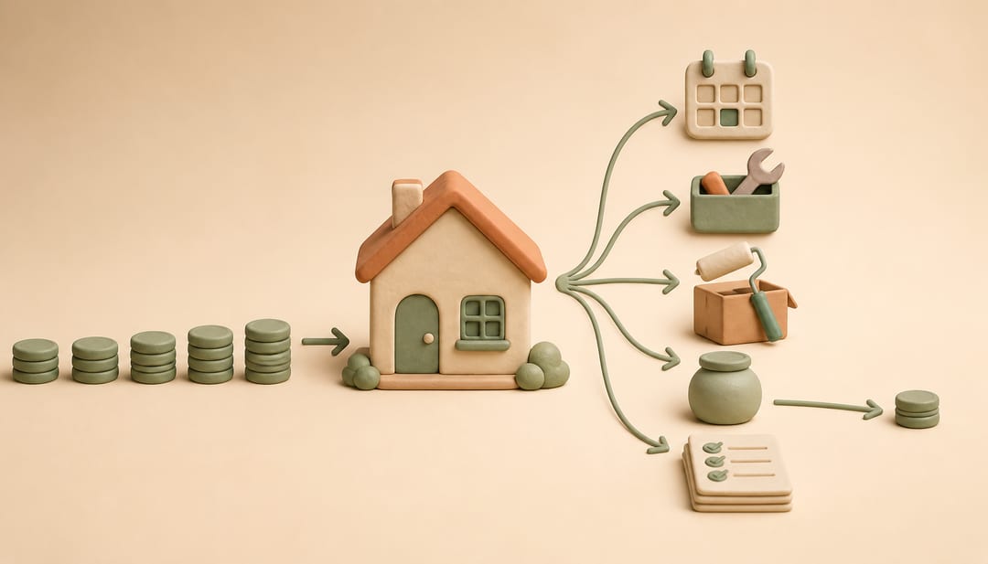 Soft clay illustration of rent coins flowing into a rental house and splitting into vacancy, maintenance, turnover, reserves and tenant-screening records, leaving a smaller cash-flow balance