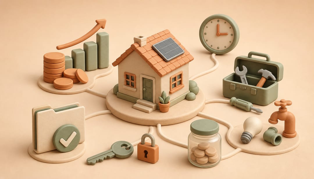 Soft clay illustration of a Los Angeles rental property surrounded by return, maintenance, screening, solar and time-cost symbols