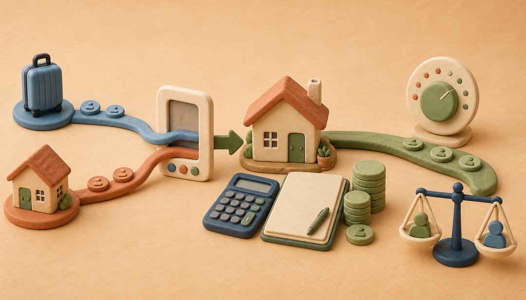Soft clay illustration of shared booking fees merging into one host-side deduction beside a vacation home, calculator, ledger, price dial and balance scale