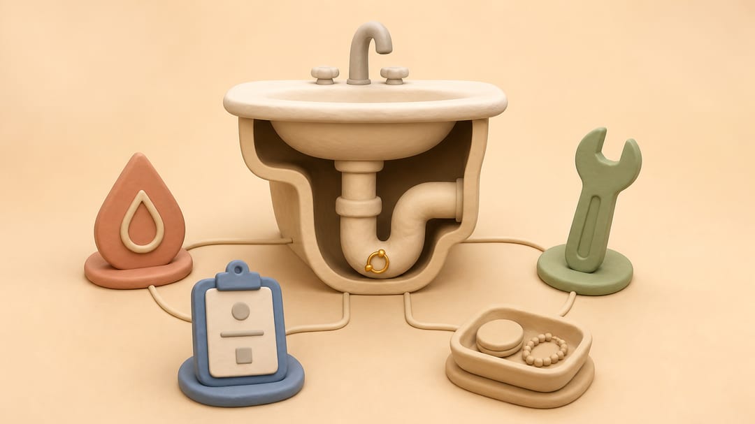 Soft clay cutaway of a bathroom sink and P-trap holding a small earring, surrounded by symbols for an alert, repair, diagnosis and personal-item request