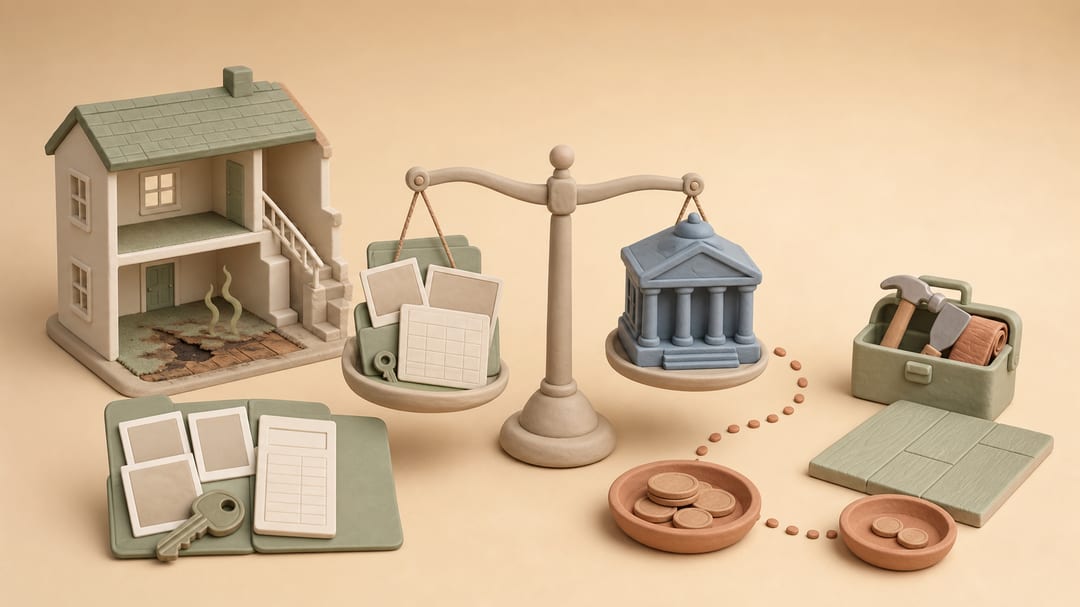 Soft clay illustration of a damaged rental home, an evidence file, a courthouse scale and a smaller tray representing actual collection