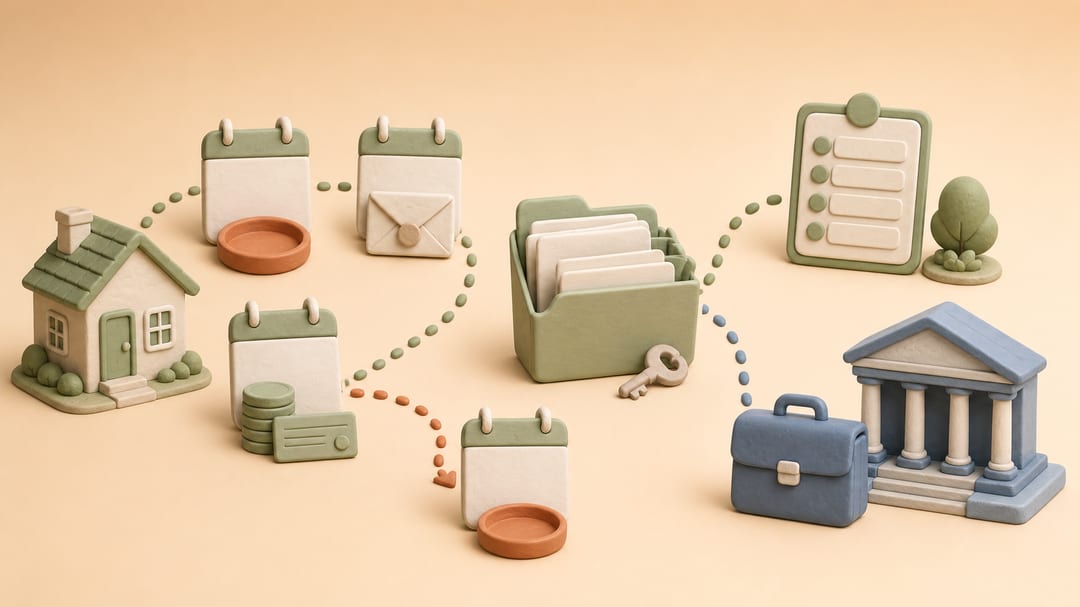 Soft clay illustration of a rent cycle moving from missed payment to notice, cure, new default, records and legal escalation