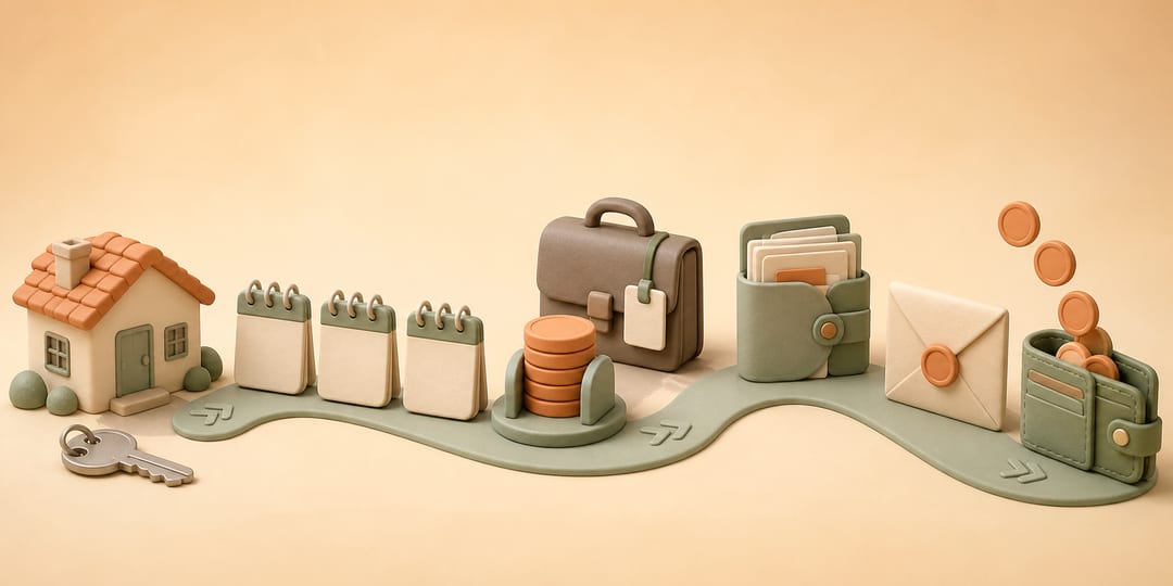 Clay illustration of a California rental deposit moving from a property manager through a documented demand process back to the tenant