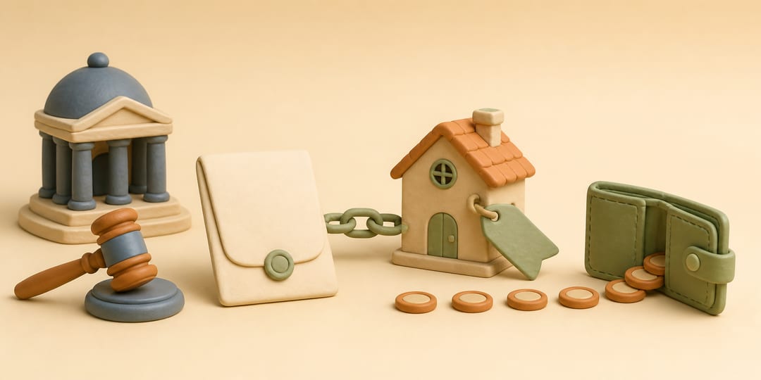 Clay illustration of a California court judgment connected to a house lien and a delayed trail of coins toward a wallet