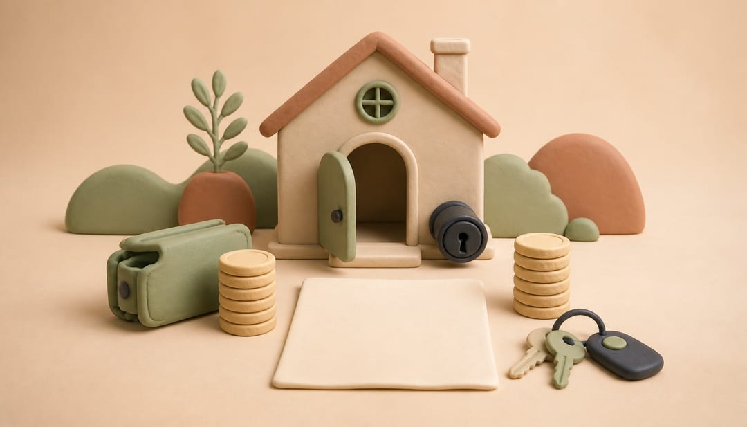 Clay illustration of a California rental handoff with a house, returned keys, two stacks of coins, a blank settlement document, and a replacement lock