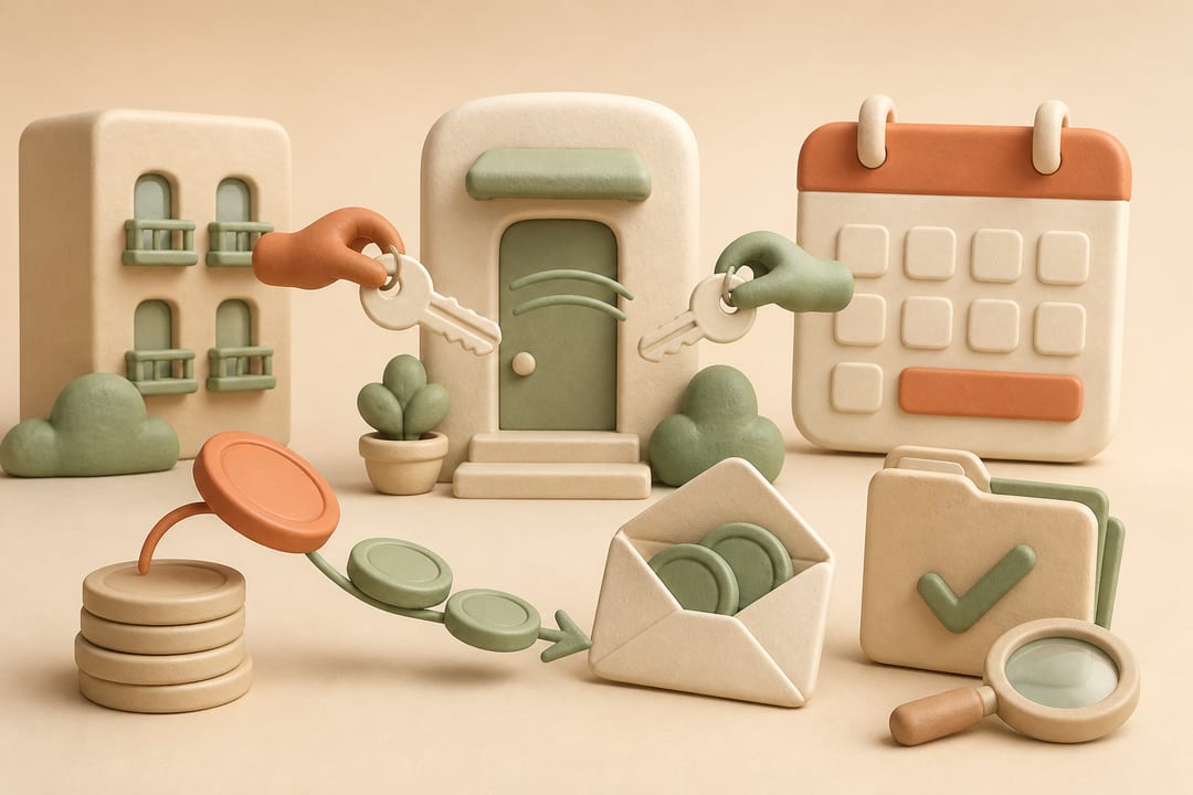Clay illustration of an apartment being rerented while a disputed move-out fee is separated from a deposit refund